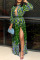 Green Sexy Print Hollowed Out Split Joint With Belt O Neck Printed Dress Dresses