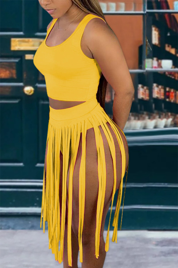 Yellow Sexy Solid Tassel U Neck Sleeveless Two Pieces