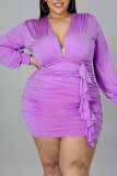 Pink Sexy Solid Patchwork Flounce Fold V Neck Long Sleeve Plus Size Dresses
