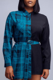 Peacock Blue Casual Plaid Print Patchwork Buckle With Belt Turndown Collar Tops
