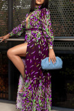 Purple Sexy Print Hollowed Out Patchwork With Belt O Neck Printed Dress Dresses