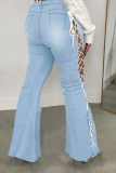 Baby Blue Sexy Solid Patchwork Mid Waist Boot Cut Denim Jeans