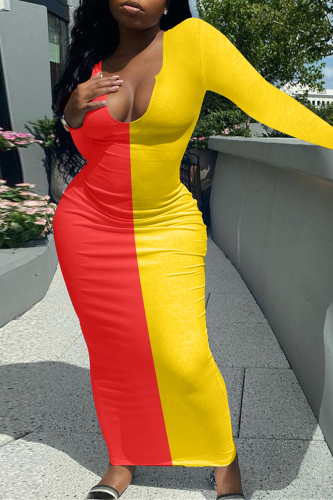 Red Sexy Solid Patchwork V Neck Pencil Skirt Dresses