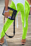 Fluorescent green Sexy Street Patent Leather Solid Slit Skinny Bottoms