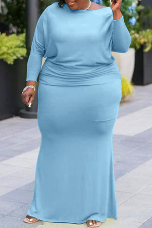 Light Blue Sexy Solid Patchwork O Neck One Step Skirt Plus Size Dresses