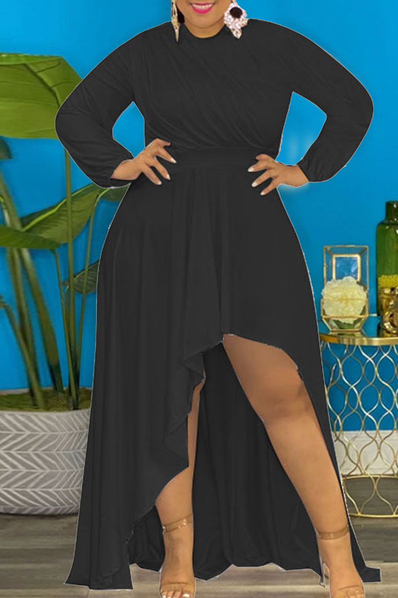 Black Sexy Solid Split Joint Asymmetrical O Neck Irregular Dress Plus