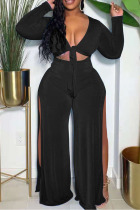 Black Sexy Solid Bandage Hollowed Out Patchwork Slit V Neck Regular Jumpsuits