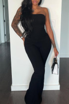 Black Fashion Sexy Solid Bandage Backless Strapless Regular Jumpsuits