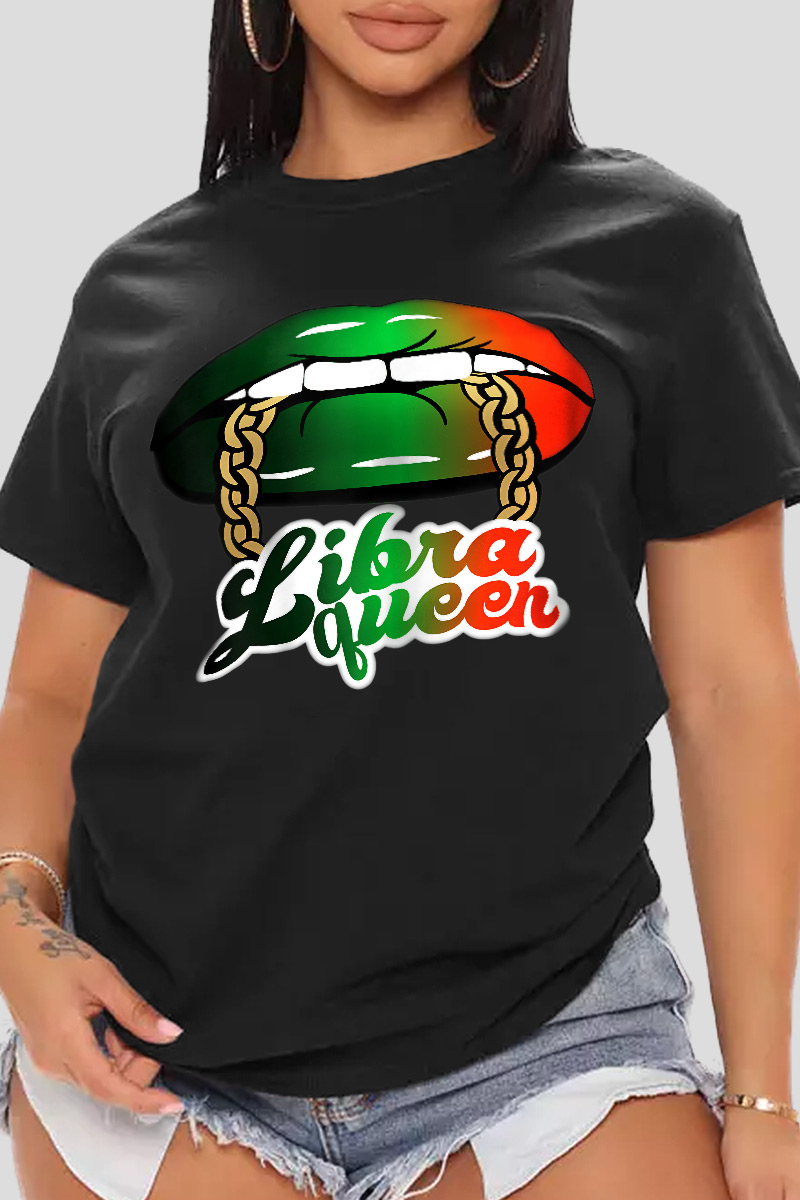 

Black Casual Print Split Joint O Neck T-Shirts
