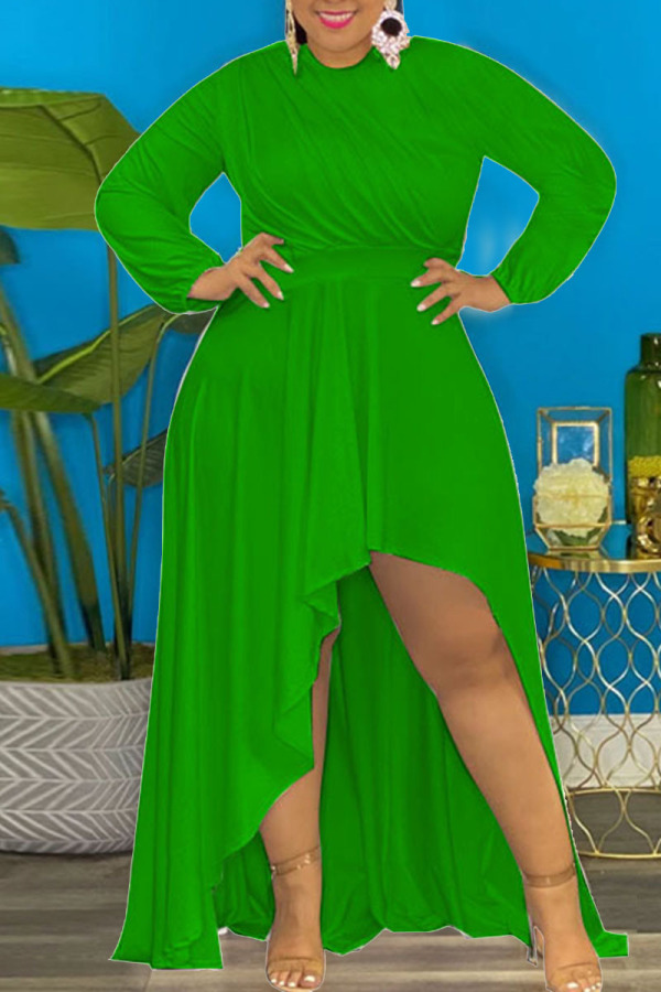 Green Sexy Solid Patchwork Asymmetrical O Neck Irregular Dress Plus Size Dresses