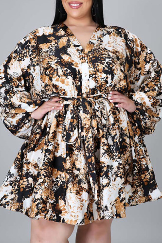 Brown Casual Print Patchwork Buckle V Neck Printed Dress Dresses