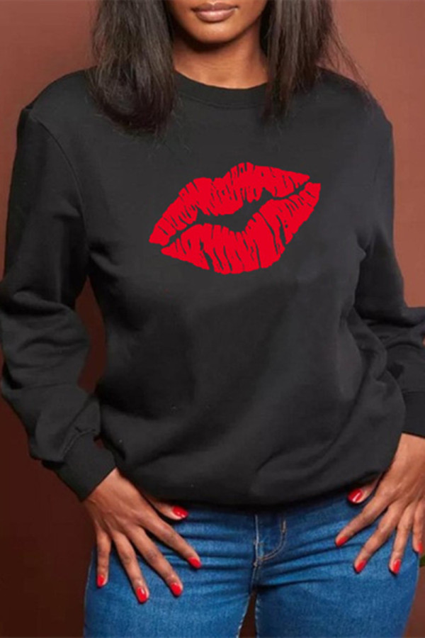 Black Fashion Casual Lips Printed Basic O Neck Tops