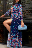 Peacock Blue Sexy Print Hollowed Out Patchwork With Belt O Neck Printed Dress Dresses