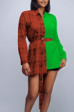 Green Casual Plaid Print Patchwork Buckle With Belt Turndown Collar Tops