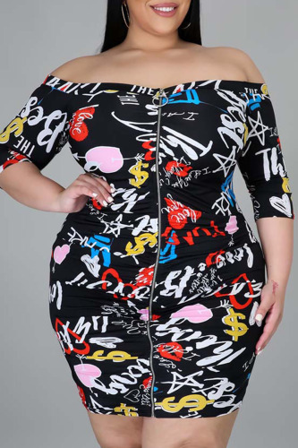 Black Street Print Patchwork Zipper Off the Shoulder Printed Dress Dresses