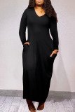 Black Casual Solid Patchwork Pocket V Neck Long Sleeve Dresses