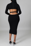 Coffee Sexy Solid Hollowed Out Half A Turtleneck Pencil Skirt Dresses