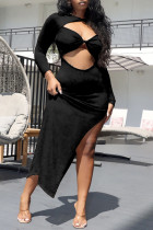 Black Fashion Sexy Solid Hollowed Out Slit O Neck Long Sleeve Dresses