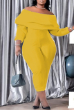 Yellow Fashion Casual Solid Patchwork Backless Off the Shoulder Plus Size Jumpsuits
