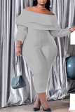 Baby Blue Fashion Casual Solid Patchwork Backless Off the Shoulder Plus Size Jumpsuits