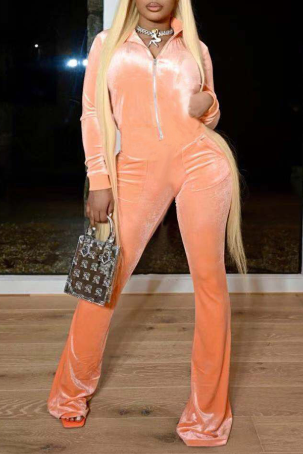 Orange Casual Solid Patchwork Turndown Collar Boot Cut Jumpsuits