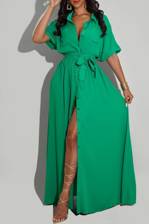 Green Fashion Casual Solid With Belt Turndown Collar Shirt Dress
