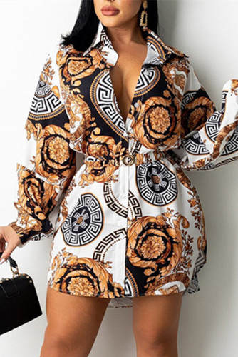 White Fashion Casual Print Basic Turndown Collar A Line Dresses