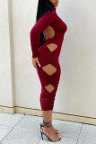 Burgundy Fashion Sexy Solid Hollowed Out Half A Turtleneck Long Sleeve Dresses