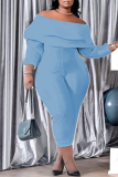 Baby Blue Fashion Casual Solid Patchwork Backless Off the Shoulder Plus Size Jumpsuits