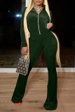 Ink Green Casual Solid Patchwork Turndown Collar Boot Cut Jumpsuits