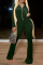 Ink Green Casual Solid Split Joint Turndown Collar Boot Cut Jumpsuits