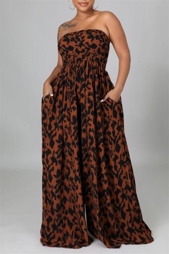 Brown Graphic Print Boat Neck Sleeveless Strapless Pocket Casual Outing Baggy Wide Leg Tube Jumpsuit