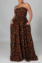 Brown Fashion Sexy Print Backless Strapless Regular Jumpsuits