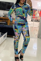 Turquoise British Style Print Patchwork Buckle Turndown Collar Three Quarter Two Pieces