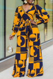 Yellow Casual Print Split Joint V Neck Straight Long Sleeve Jumpsuits (Contain The Belt)