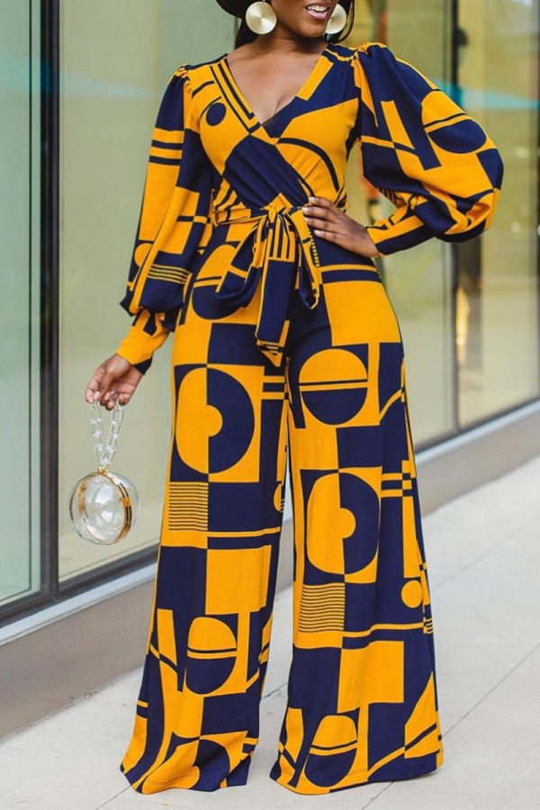 Yellow Casual Print Split Joint V Neck Straight Long Sleeve Jumpsuits (Contain The Belt)