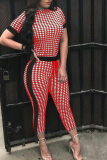 Red Casual Plaid Split Joint O Neck Skinny Jumpsuits