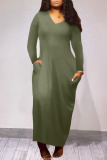 Army Green Casual Solid Patchwork Pocket V Neck Long Sleeve Dresses