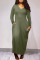 Army Green Casual Solid Split Joint Pocket V Neck Long Sleeve Dresses