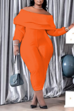 Tangerine Red Casual Solid Patchwork Off the Shoulder Plus Size Jumpsuits