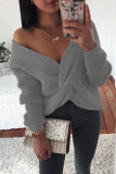 Grey Casual Solid Patchwork Fold V Neck Tops