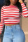 Red Casual Striped Print Split Joint O Neck Tops