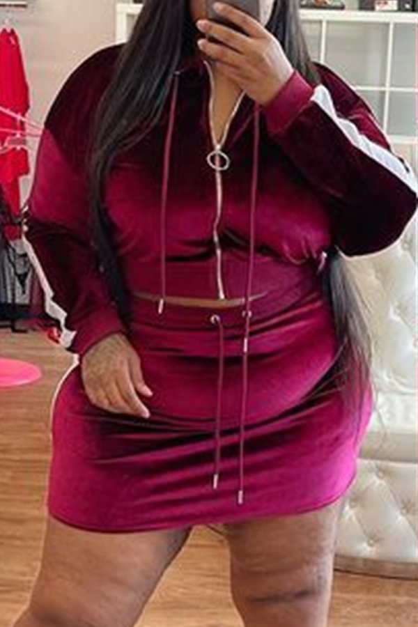 Burgundy Fashion Casual Striped Patchwork Zipper Hooded Collar Plus Size Two Pieces