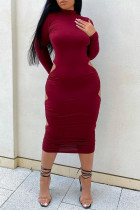 Burgundy Fashion Sexy Solid Hollowed Out Half A Turtleneck Long Sleeve Dresses