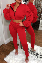 Red Casual Solid Split Joint Turndown Collar Long Sleeve Two Pieces