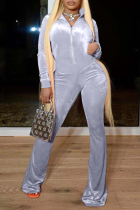 Grey Casual Solid Split Joint Turndown Collar Boot Cut Jumpsuits