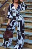 White Casual Print Split Joint V Neck Straight Long Sleeve Jumpsuits (Contain The Belt)