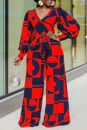 Red Casual Print Split Joint V Neck Straight Long Sleeve Jumpsuits (Contain The Belt)