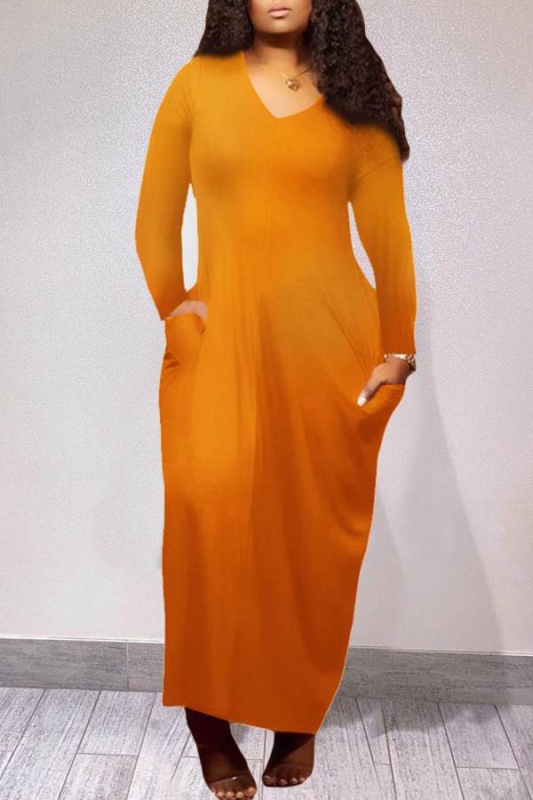Tangerine Casual Solid Patchwork Pocket V Neck Long Sleeve Dresses