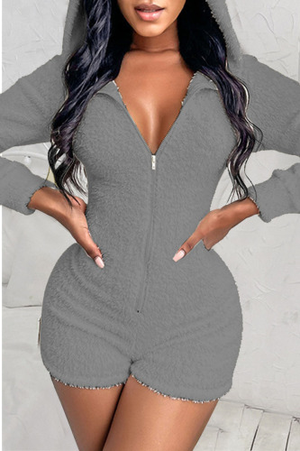 Grey Casual Solid Patchwork Zipper Hooded Collar Straight Rompers